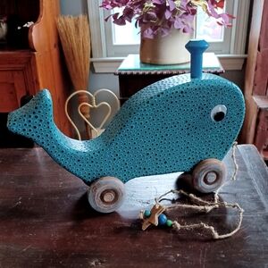 1 of 1 handmade painted wooden whale pull toy upcycled wood nautical fish art
